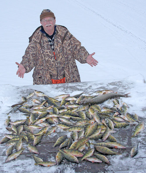 Man with a huge catch from ice fishing on Leech Lake, MN
