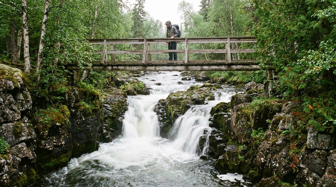 Hiker crossing a wooden bridge over Cascade River waterfalls near Lutsen