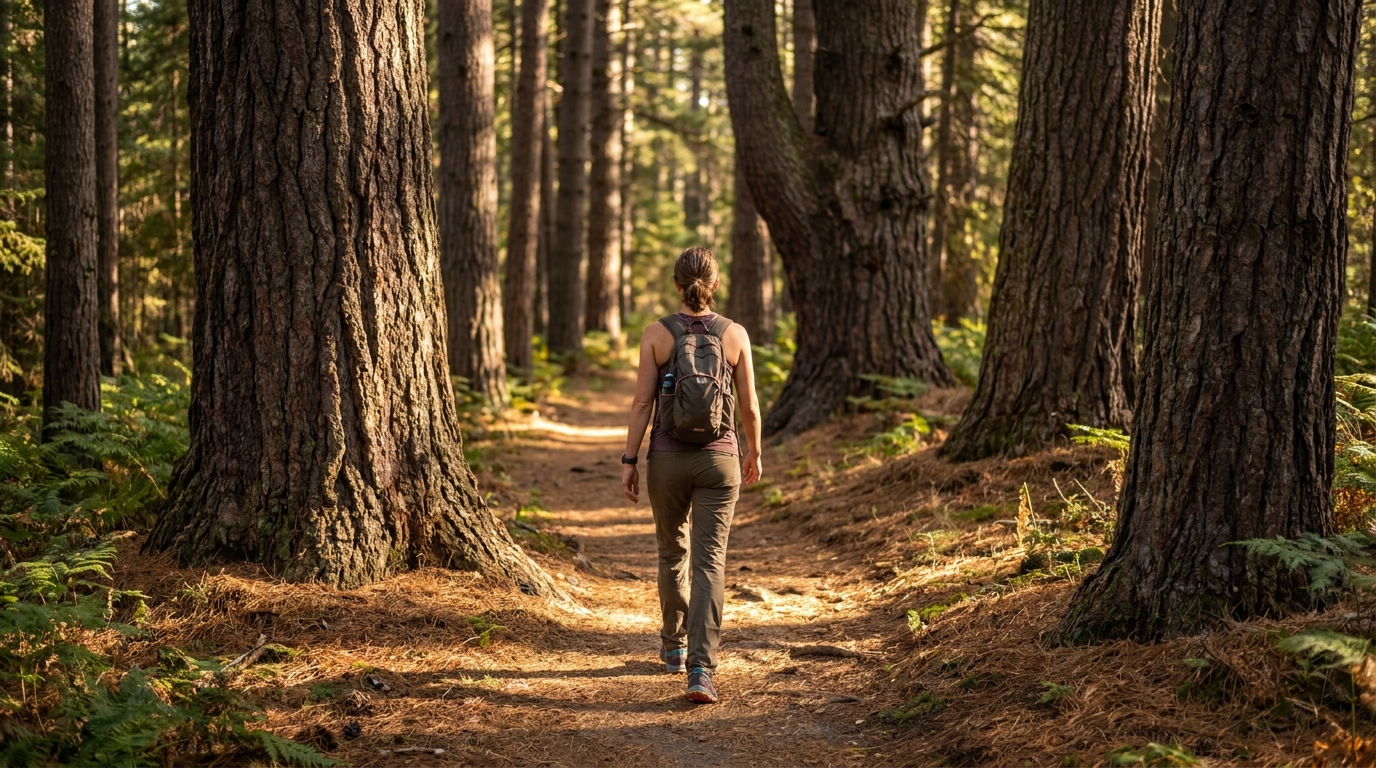 Hiker on a pine forest trail in Chippewa National Forest near Walker MN