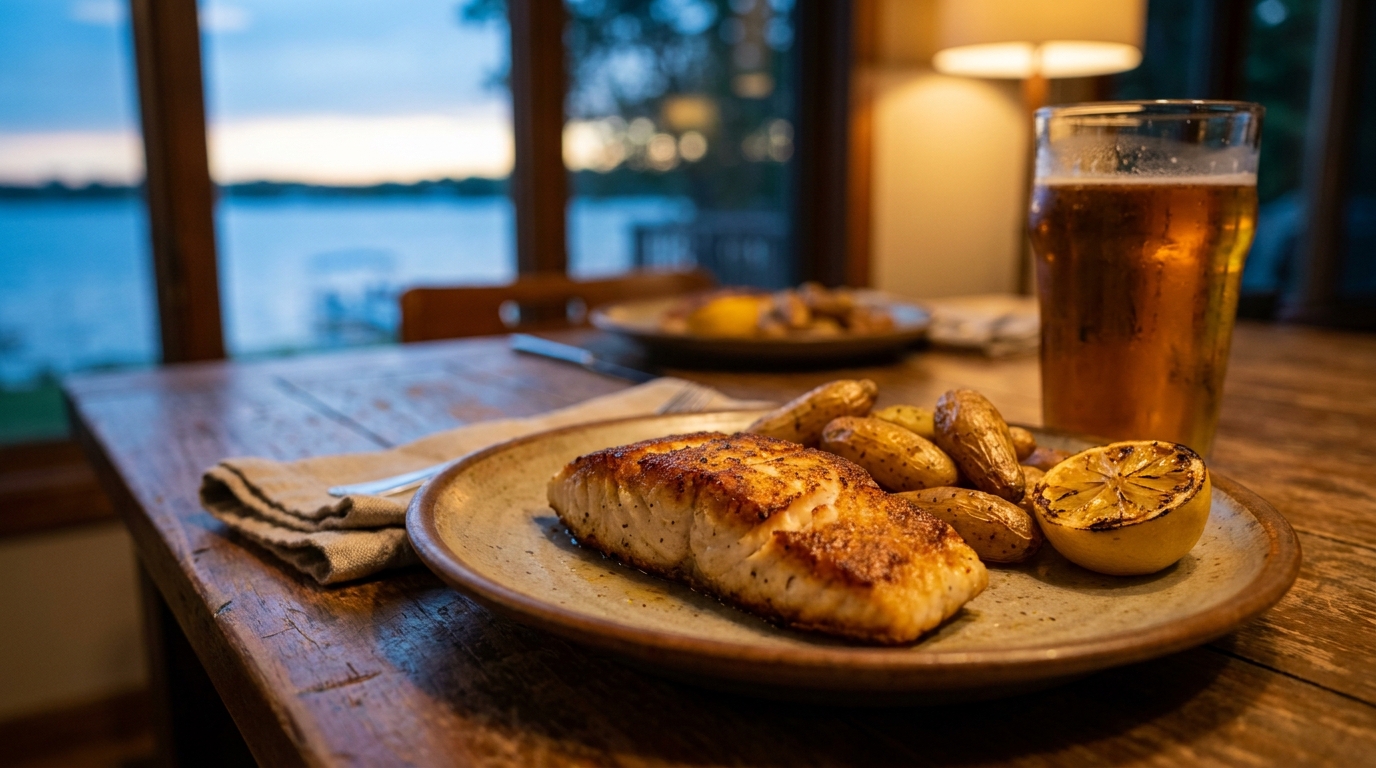 Fresh walleye dinner at a lakeside restaurant in Walker MN