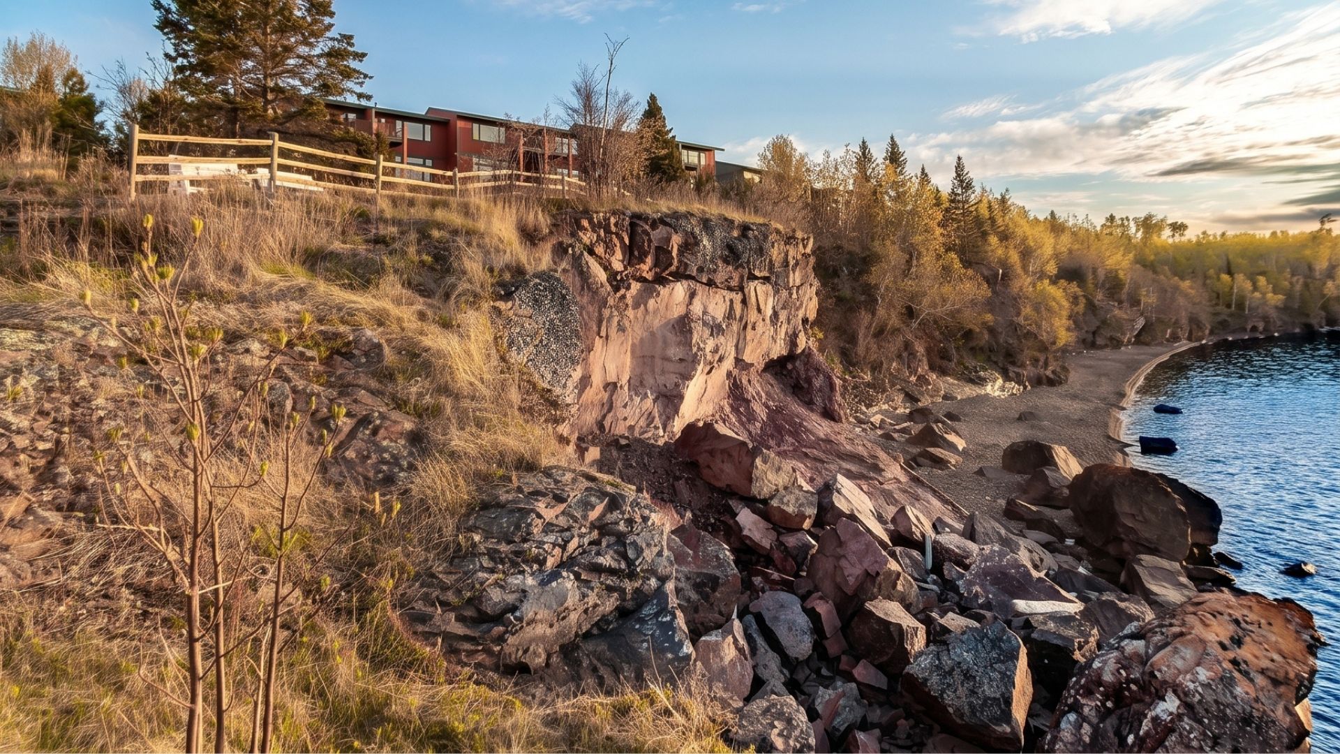 Rocky cliff overlooking Lake Superior shoreline near Lutsen, MN