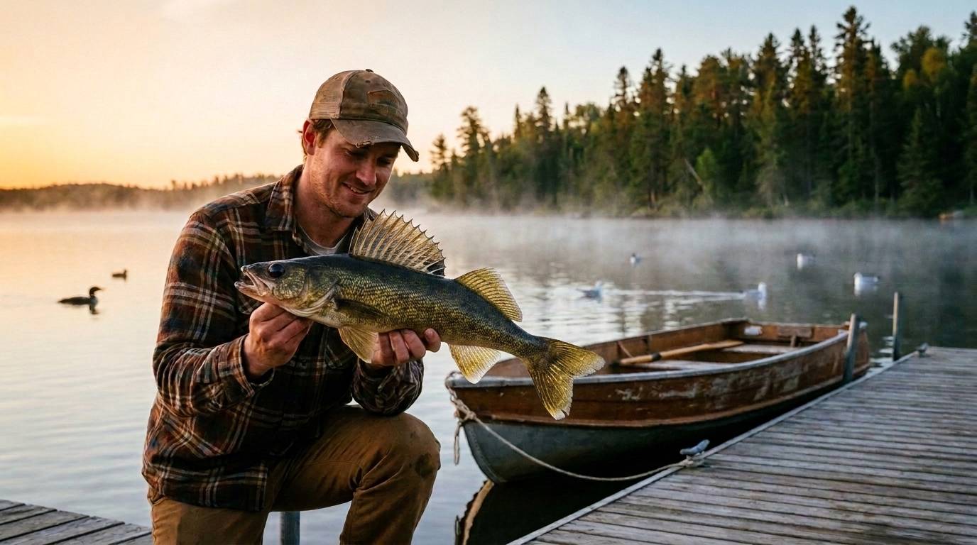 Angler holding walleye at sunrise dock on Leech Lake near Walker MN